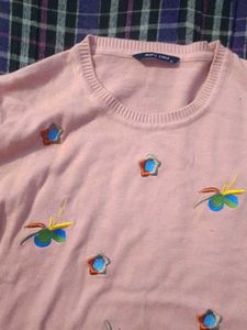 Pink Embroidered Short Sleeve Sweater