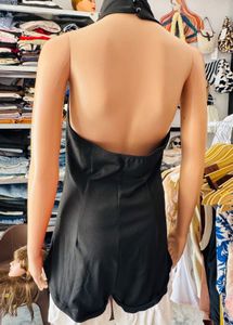 Chic Black Halter Neck Romper with Ruffle Trim
