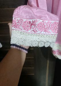Pink Embroidered Kurta set with lace work dupatta