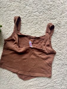 Brown Ribbed Square Neck Tank Top