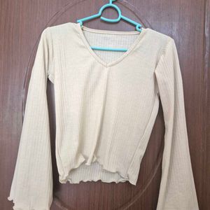 Cream Ribbed V-Neck Top Bell Sleeves &amp; Lettuc
