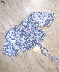 Blue Floral Tie-Front Crop Top