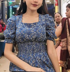 Blue Floral Smocked Midi Dress