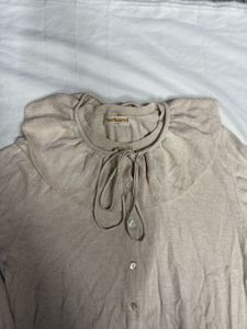 Beige Knit Cardigan with Ruffle Collar