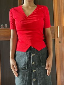 Red Wrap V-Neck Top