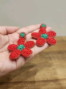 Red Beaded Flower Dangle Earrings