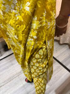 Vibrant Yellow Floral Kurta pant dupta set
