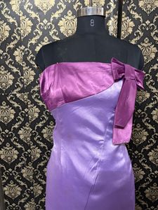 Strapless Purple Satin Dress with Bow Detail