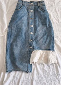Denim Midi Skirt with Lace Trim