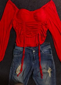Red Ruched Off-Shoulder Top