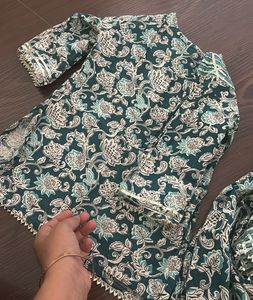 Green Floral Kurta Set with Skirt