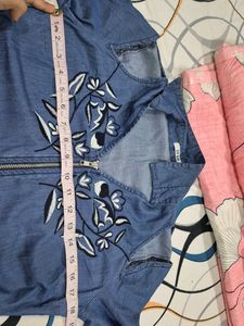 Embroidered Cotton Denim Zip-Up Top