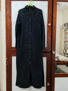 Black Acid Wash Denim Maxi Shirt Dres