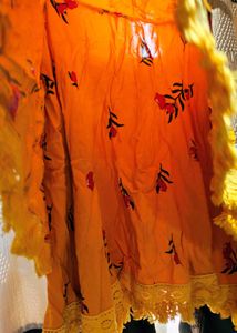 Yellow Floral Kurta Set with Tassels crop top