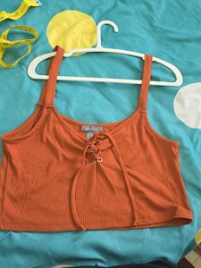 Flash Sale_Orange Ribbed Lace-Up Crop Top