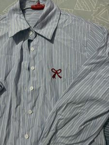 Blue Striped Shirt with Red Bow