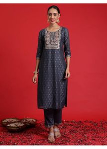 Elegant Navy Blue Embroidered Kurta Set