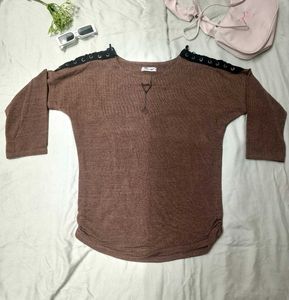 New Brown Lace-Up Detail Sweater Top