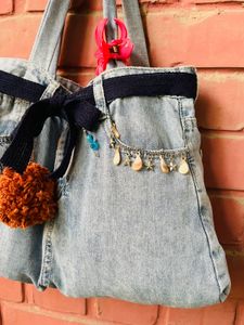 Unique Denim Tote Bag with Pom-Pom