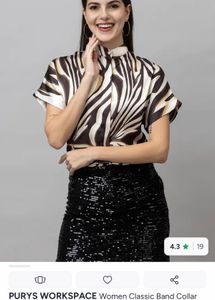 Stylish Zebra Print Band Collar Top