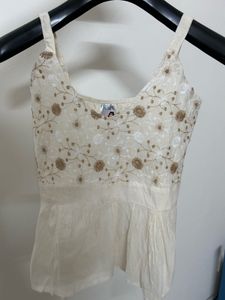Embroidered Cream Cotton Camisole Top