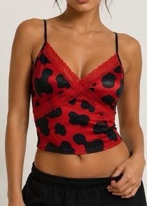 Red Cow Print Lace Trim Cami Top