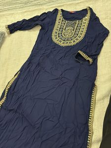 Embroidered Navy Blue Kurta