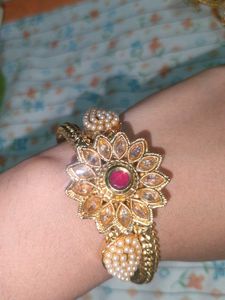 Elegant Floral Gold-Tone Kada with Pearl &amp; Stone