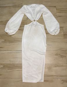 Elegant White Cut-Out balloon sleeve Midi Dress