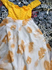 Yellow Embroidered Blouse with Floral Skirt