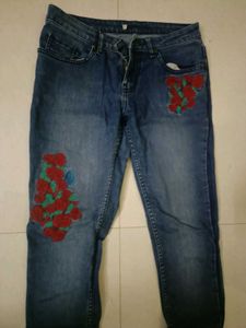 Blue Denim Jeans with Rose Embroidery