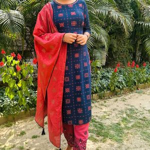 Blue & Pink Printed Kurta Set with Dupatta