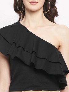 Lowest Prices_Chic Black One-Shoulder Ruffle Top