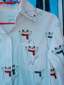 Cute Cat Print Button-Up Shirt