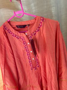 Coral Striped Embroidered Tunic