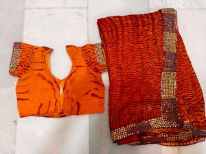 Orange Saree with Embellished Blouse sibori print