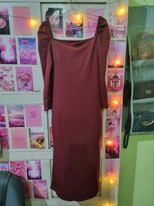 New Maroon Puff Sleeve Square Neck Dress