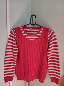 Pink Knit Sweater with White Stripes