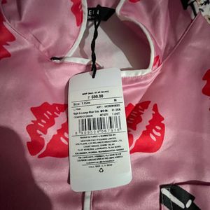 Pink Satin Pajama Set with Lips &amp; Lipstick Print
