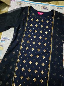 Elegant Navy Blue Kurta Set with Golden Print