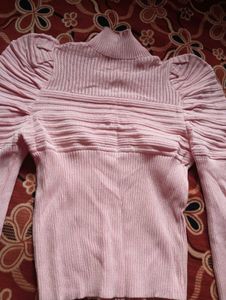 Pink Turtleneck Puff Sleeve Top