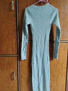 Grey Ribbed V-Neck Long Sleeve Maxi Dress
