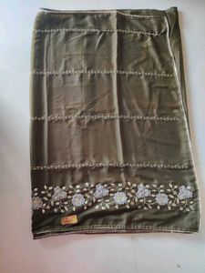 Embroidered Olive Green Saree white blouse