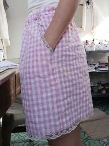Pink Gingham Pajama Shorts with Lace Trim