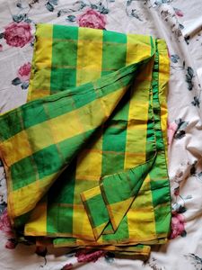 Vibrant Yellow & Green Checked Saree