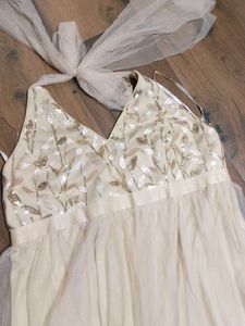 Elegant Beige Sequin Halter Gown