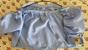 Blue Off-Shoulder Puff Sleeve Crop Top