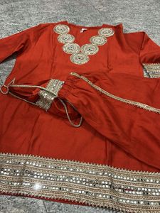 Red Embellished Kurta Set with Matching Potli Bag