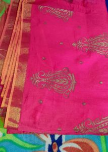 Vibrant Pink Silk Saree with Gold Print