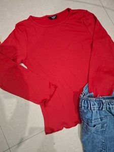 Red Ribbed Lettuce Hem Top